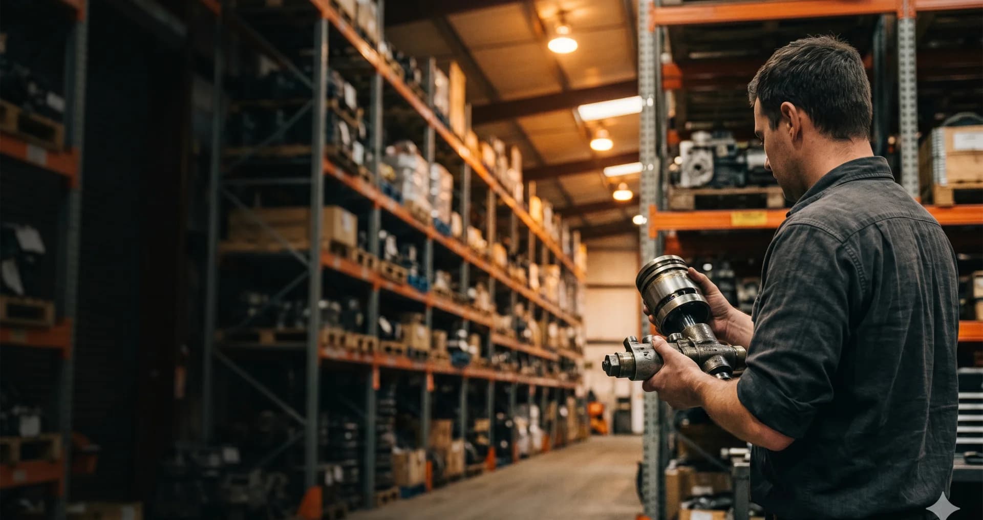 Parts specialist examining a heavy equipment component in our warehouse