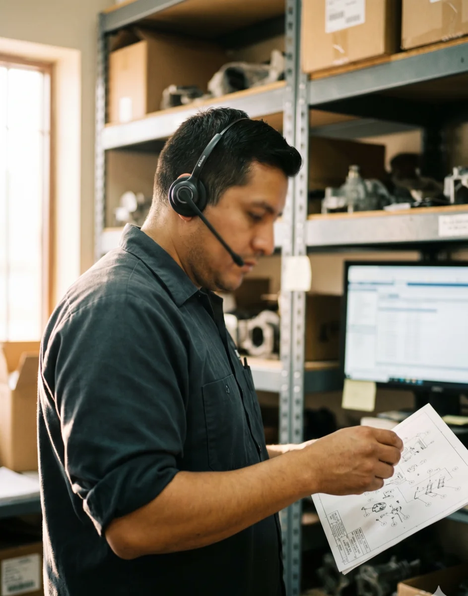 Parts specialist with headset reviewing a part diagram