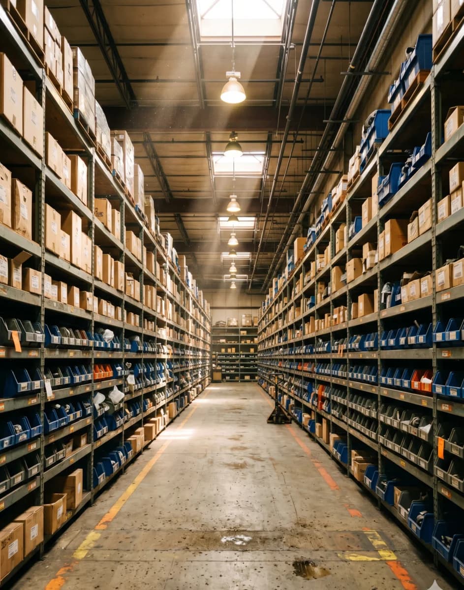 Warehouse aisle with organized heavy equipment spare parts