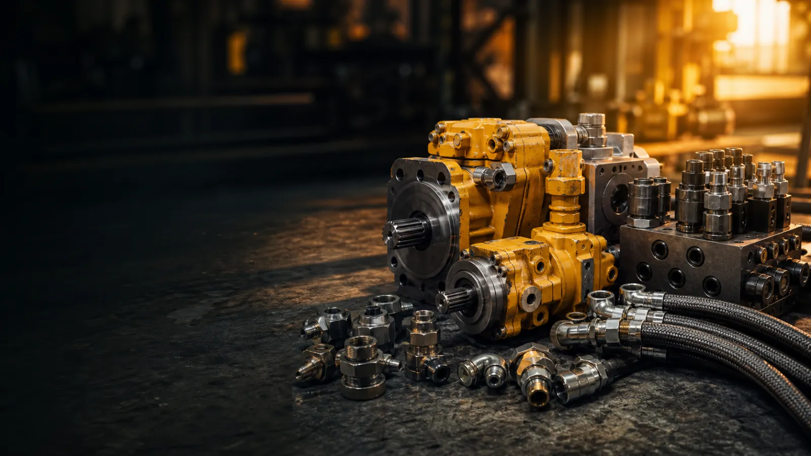 Hydraulic pumps, motors, valves and fittings for heavy equipment